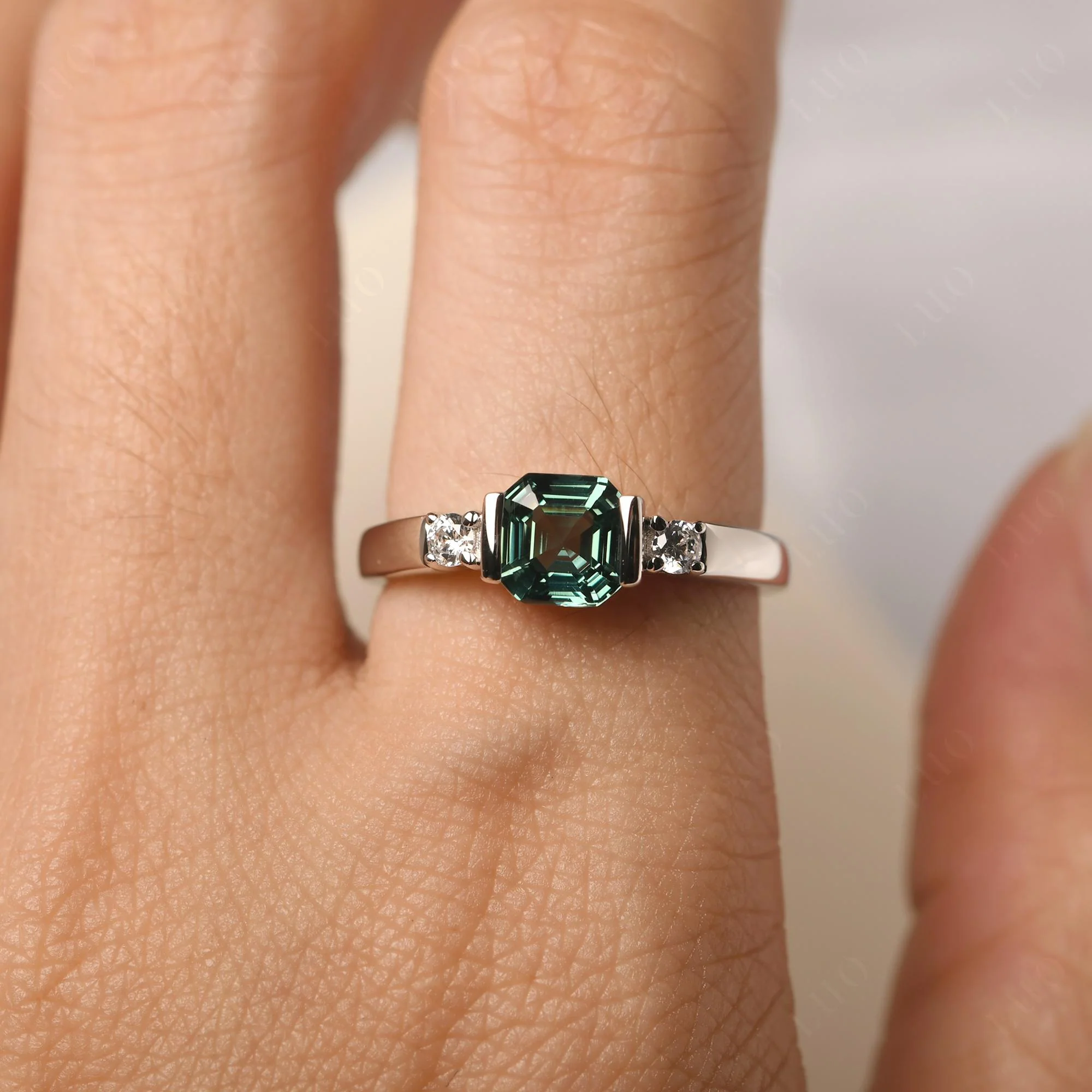 Green Sapphire Half Bezel Set Asscher Cut Ring - Image 14