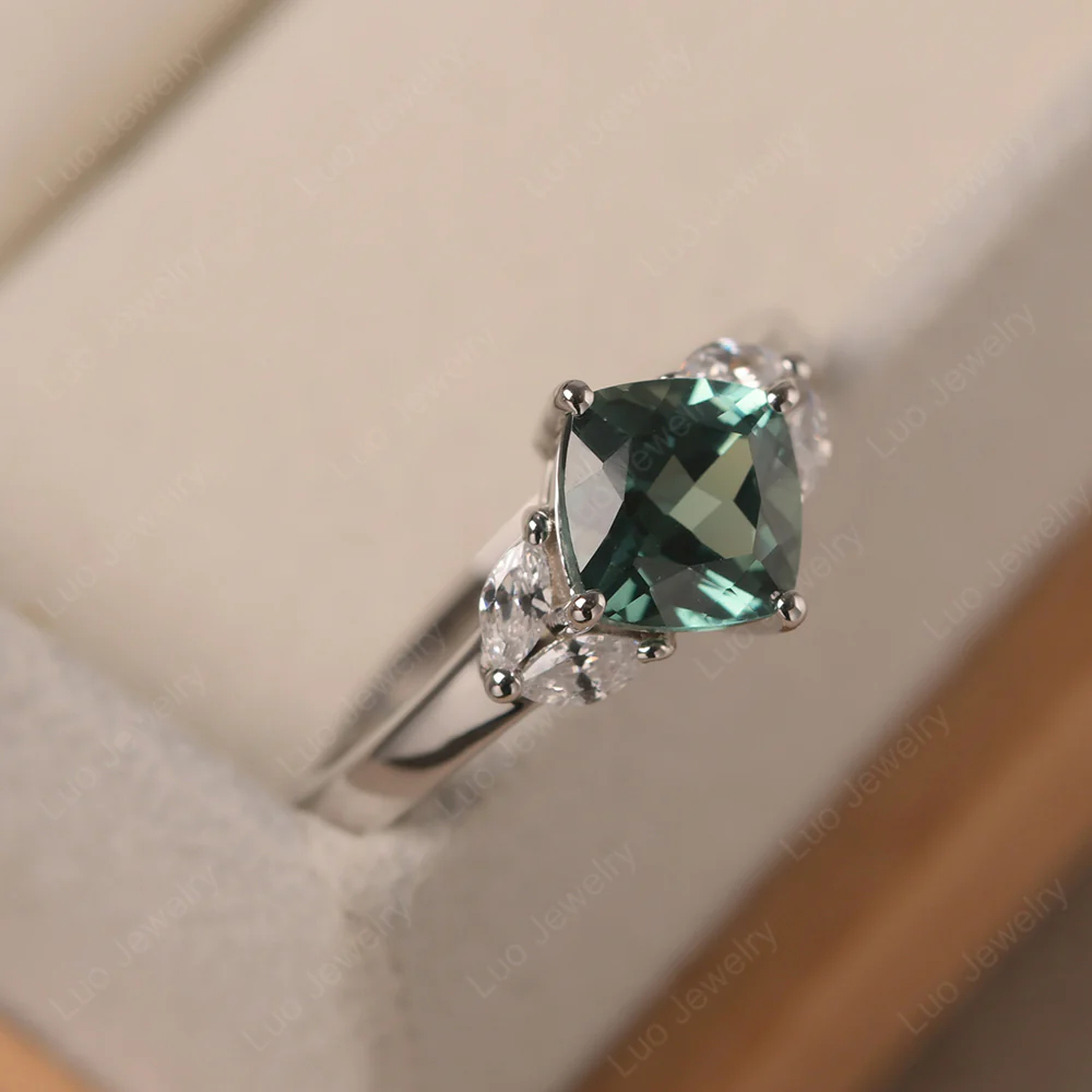 Green Sapphire Kite Set Cushion Engagement Ring - Image 2