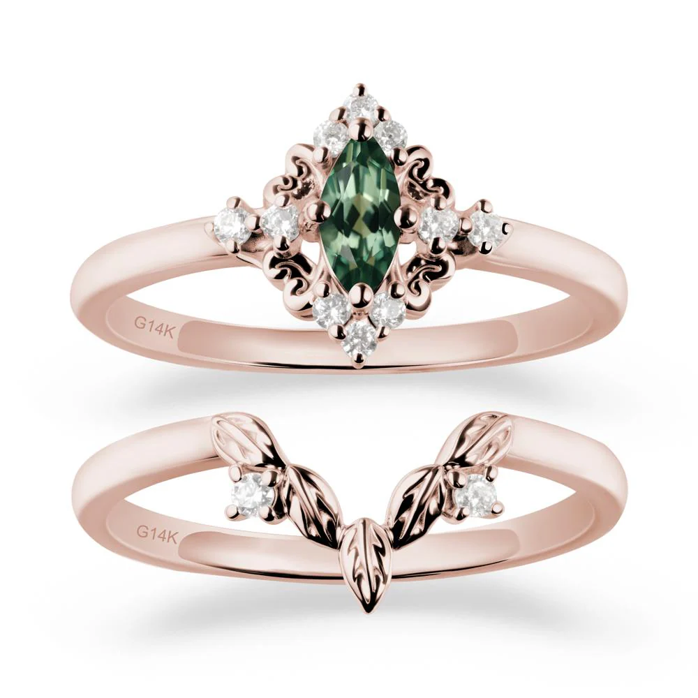 Green Sapphire Leaf Inspired Leaf Inspired Ring Sets - Image 2