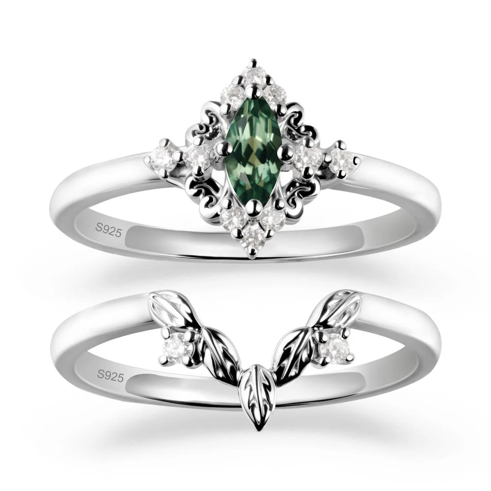 Green Sapphire Leaf Inspired Leaf Inspired Ring Sets - Image 9