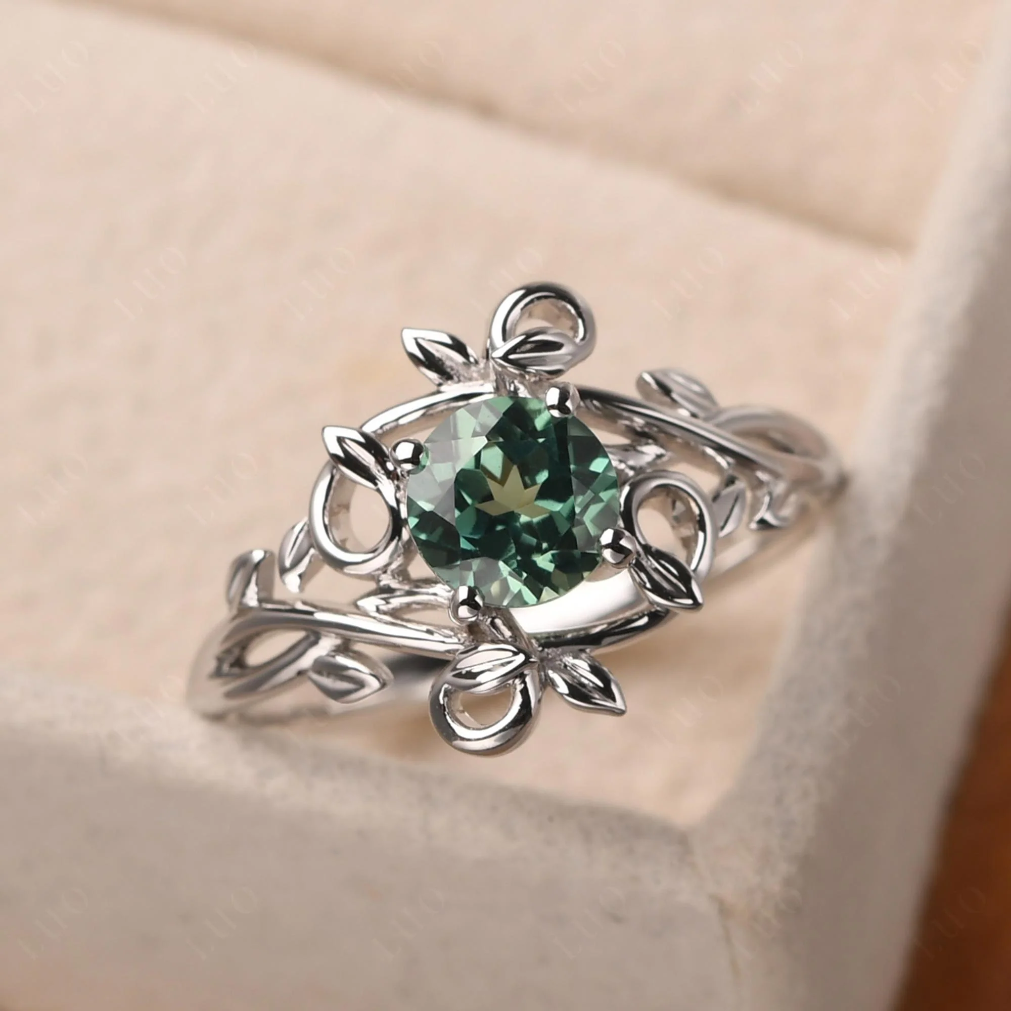 Round Cut Green Sapphire Leaf Ring - Image 10
