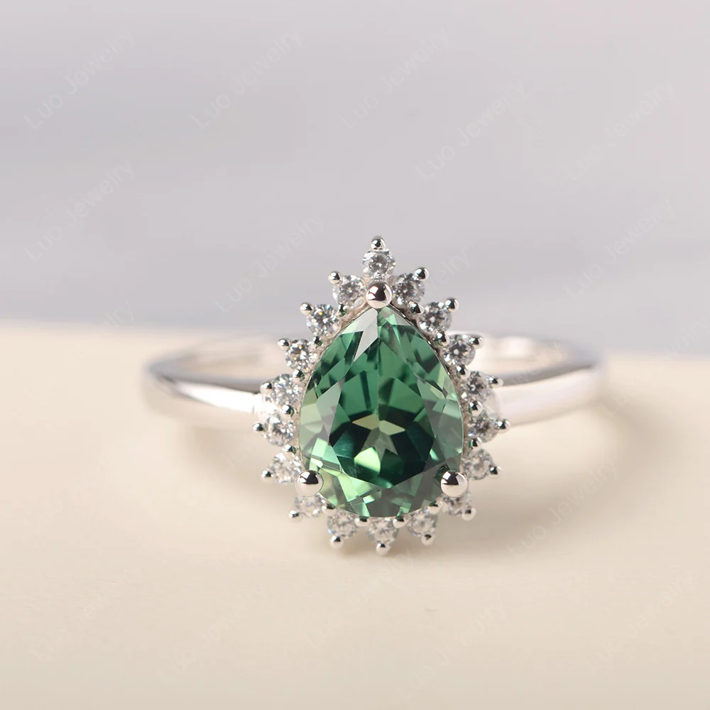Green Sapphire Pear Halo Engagement Ring