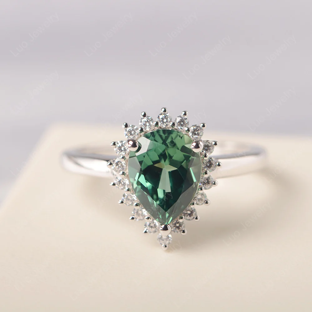 Green Sapphire Pear Halo Engagement Ring - Image 2