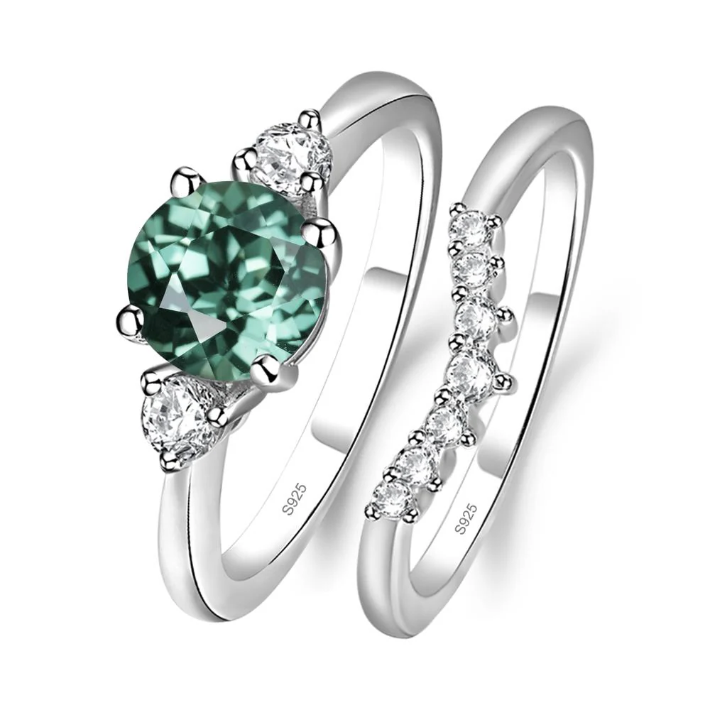 Round Green Sapphire Wedding Ring Set - Image 2