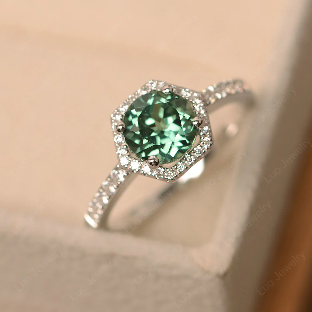 Green Sapphire Hexagon Halo Engagement Ring - Image 3