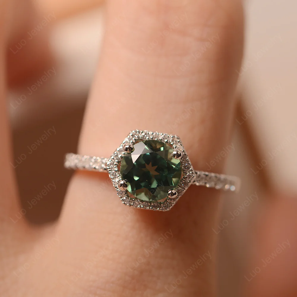 Green Sapphire Hexagon Halo Engagement Ring - Image 6
