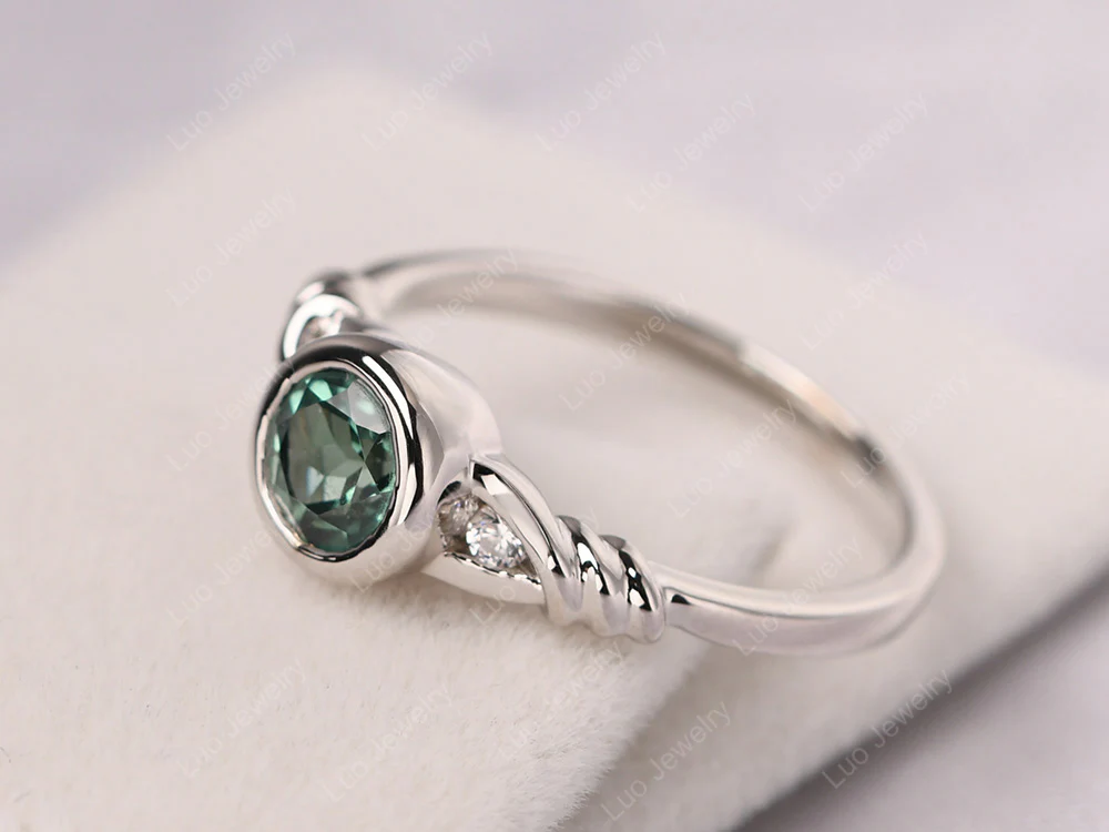 Green Sapphire Ring Round Bezel Engagement Ring - Image 2