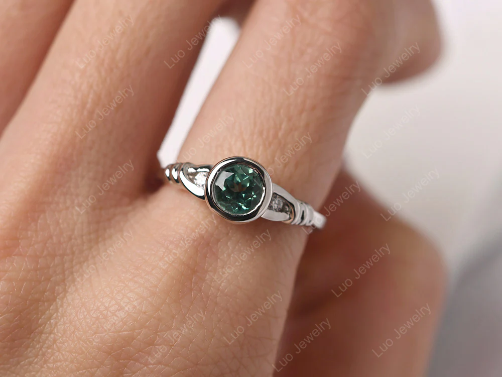 Green Sapphire Ring Round Bezel Engagement Ring - Image 5