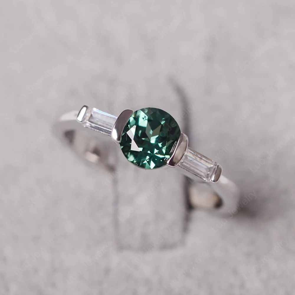 Green Sapphire Ring Round Cut with Baguette Side