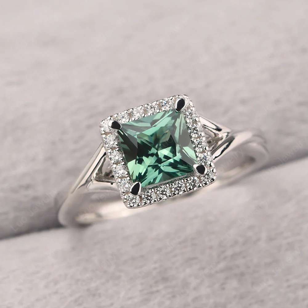 Green Sapphire Split Shank Halo Engagement Ring - Image 2