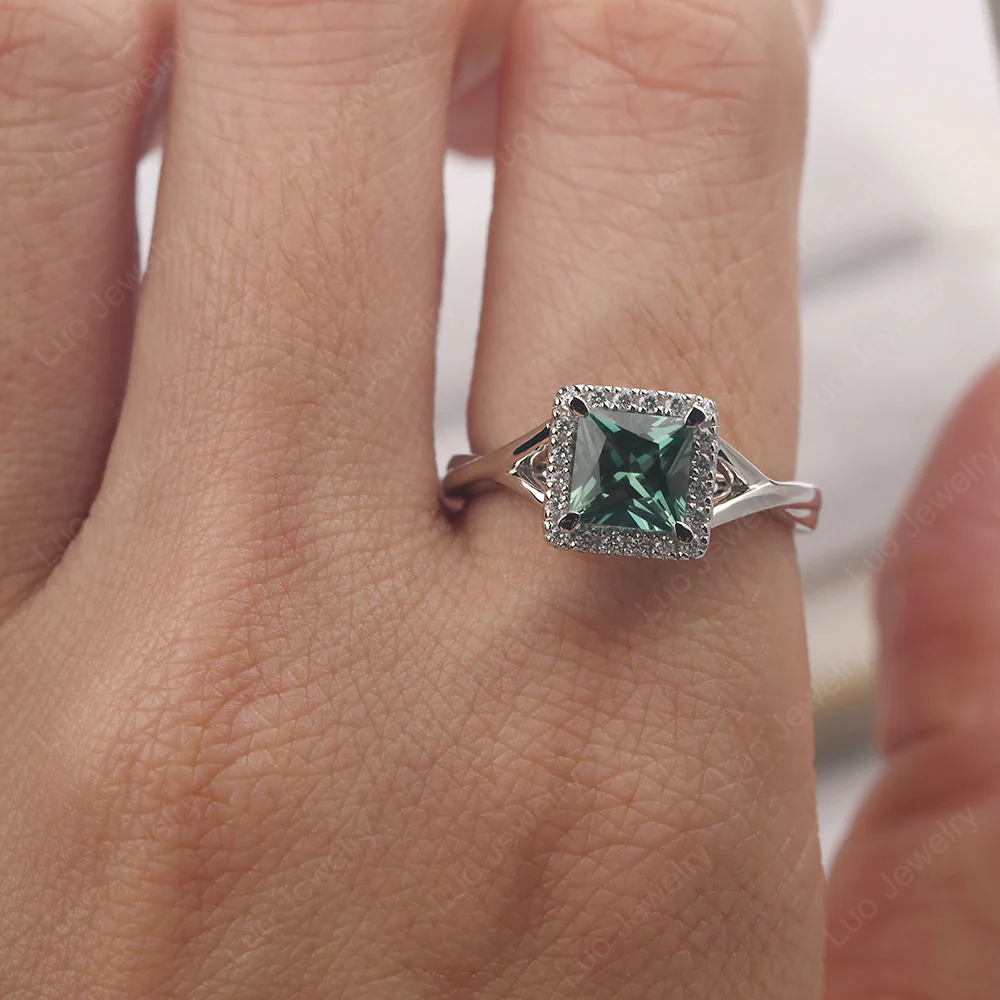 Green Sapphire Split Shank Halo Engagement Ring - Image 6