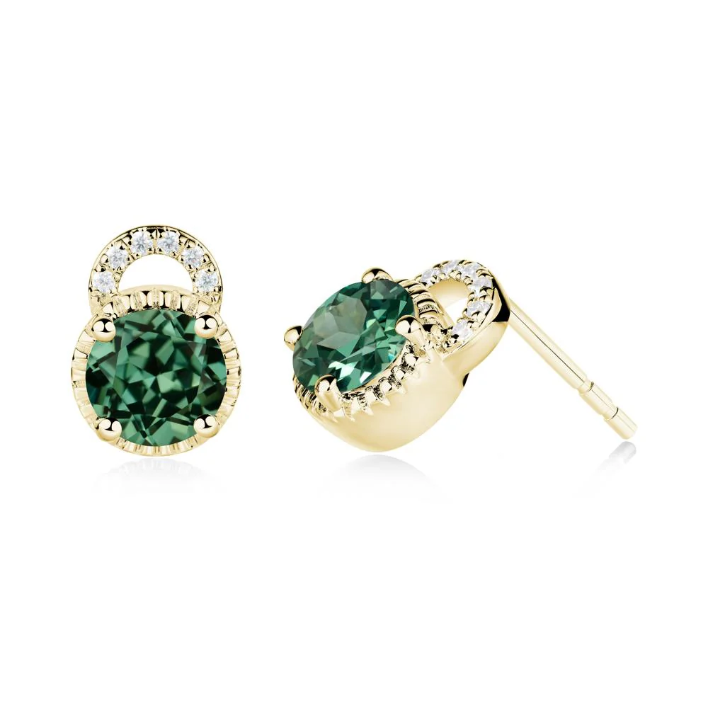 Green Sapphire Stud Earrings with Decorative Halo - Image 5