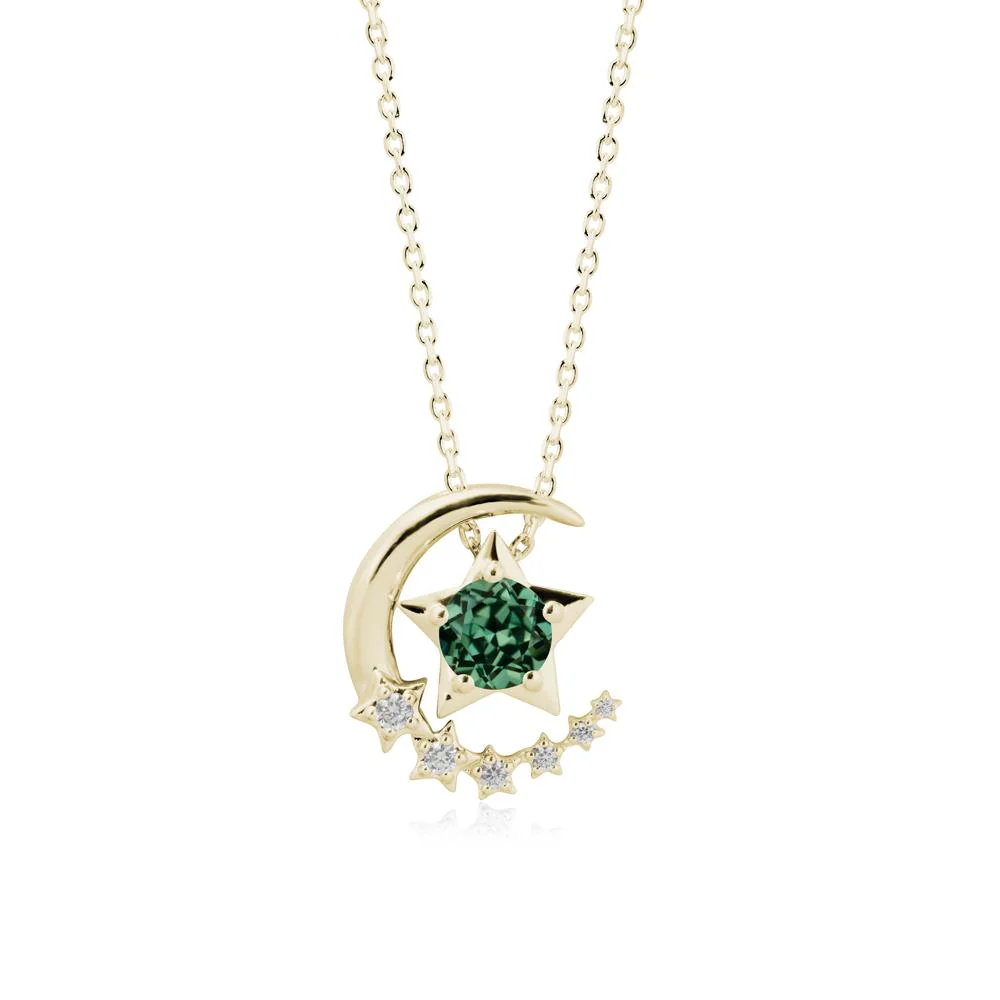 Green Sapphire Swinging Star and Crescent Moon Necklace