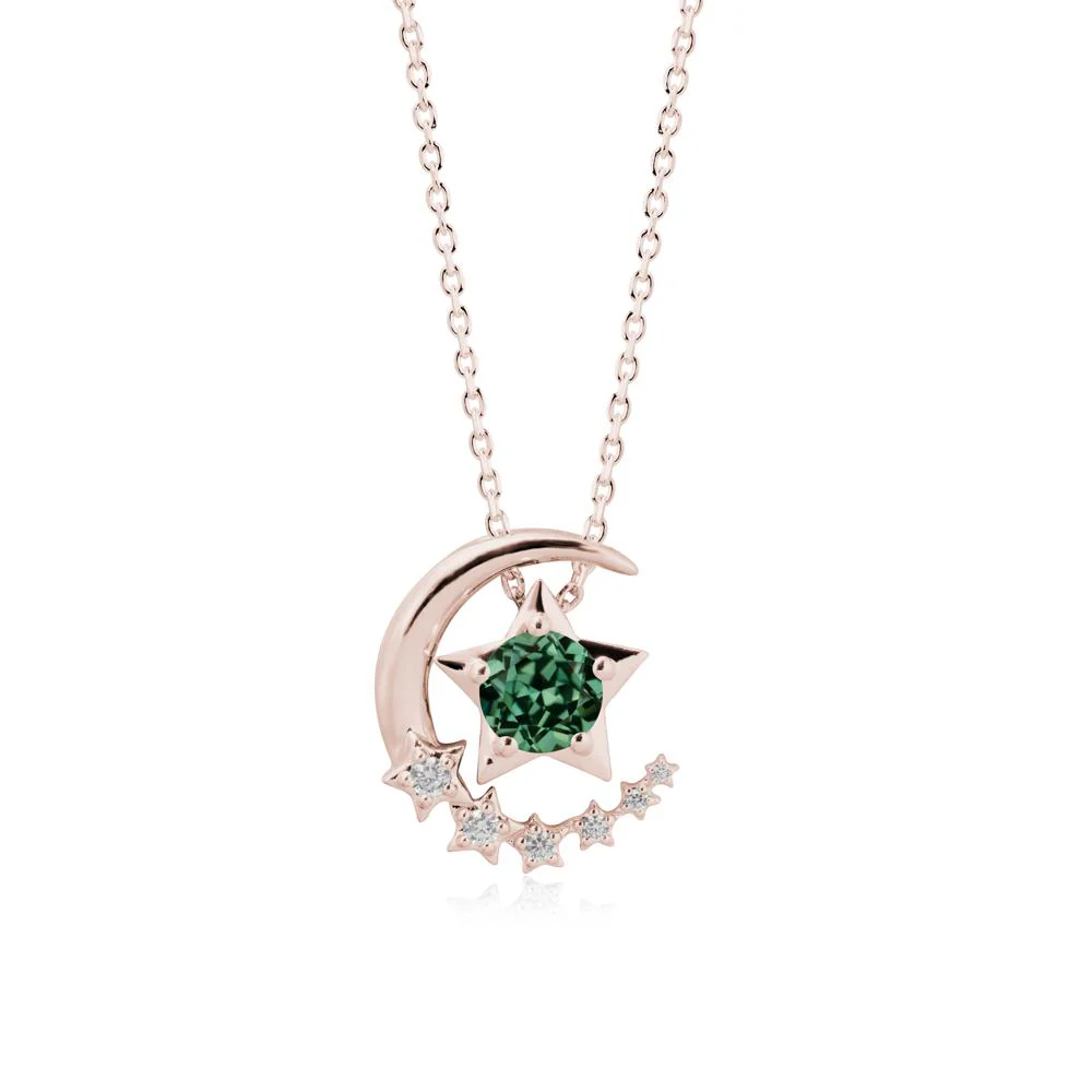 Green Sapphire Swinging Star and Crescent Moon Necklace - Image 2