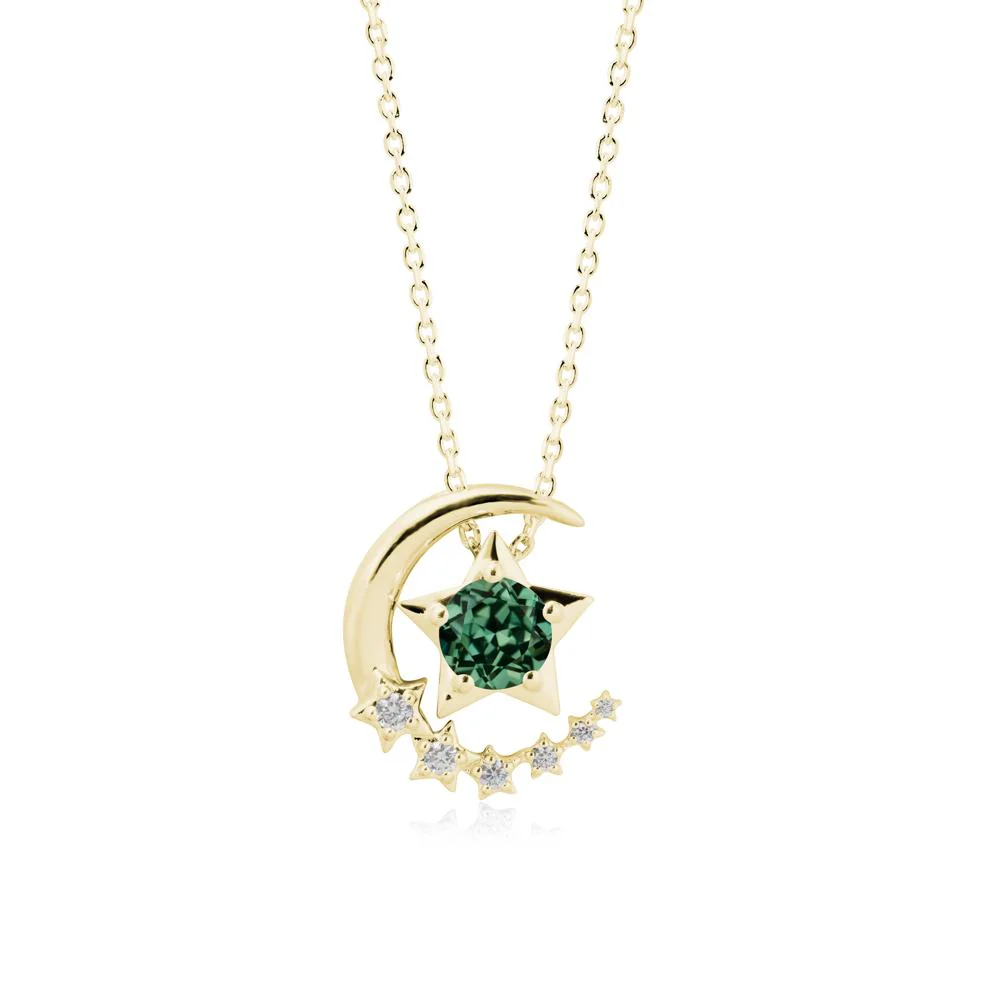 Green Sapphire Swinging Star and Crescent Moon Necklace - Image 6