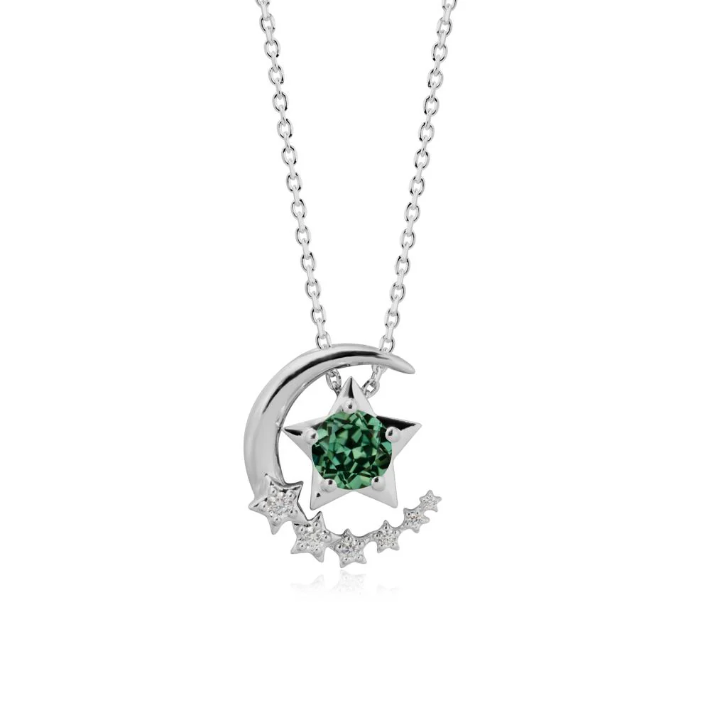 Green Sapphire Swinging Star and Crescent Moon Necklace - Image 8