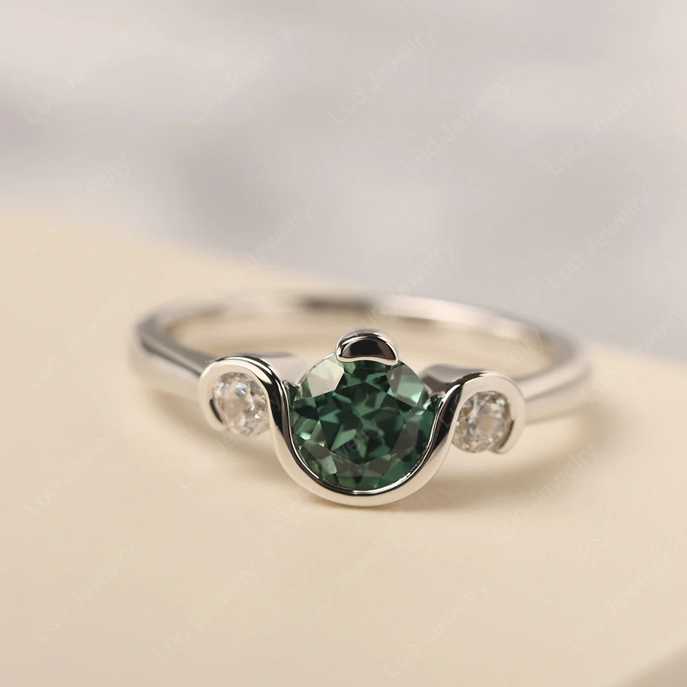 Green Sapphire Vintage Bezel Set Engagement Ring