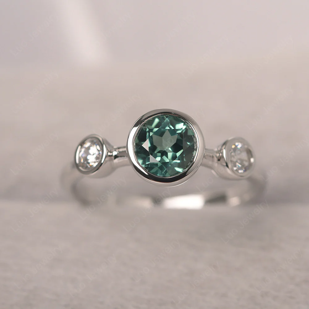 Green Sapphire 3 Stone Bezel Set Ring