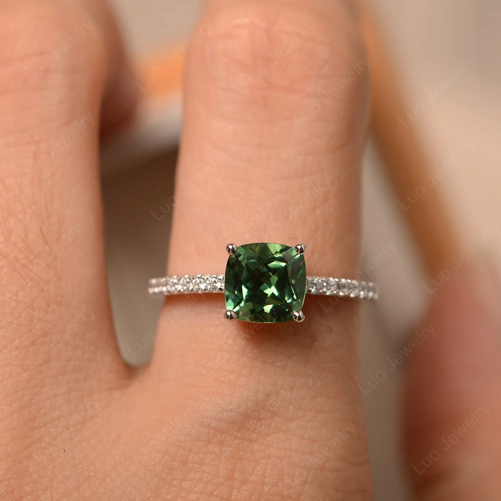 Cushion Cut Green Sapphire Promise Ring - Image 5