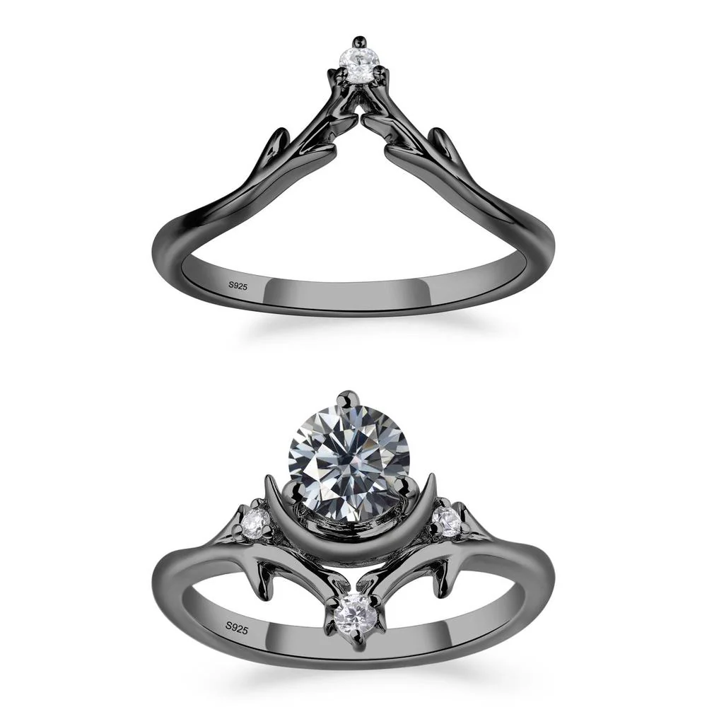 Grey Moissanite Crescent Moon and Star Ring - Image 23