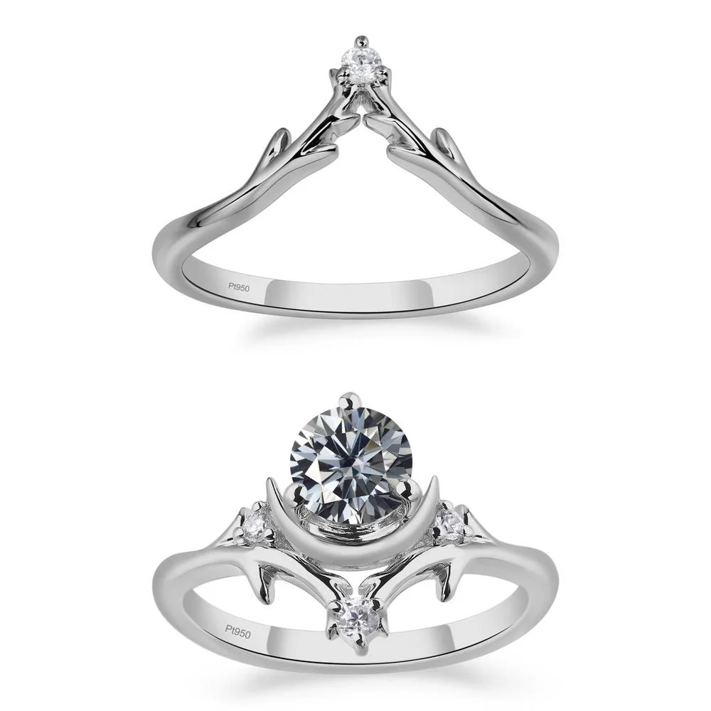 Grey Moissanite Crescent Moon and Star Ring - Image 25