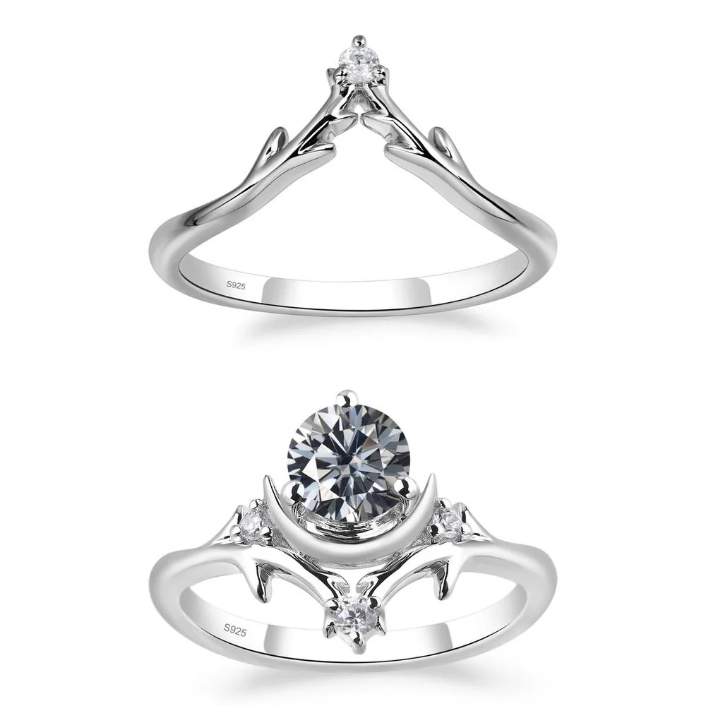 Grey Moissanite Crescent Moon and Star Ring - Image 27