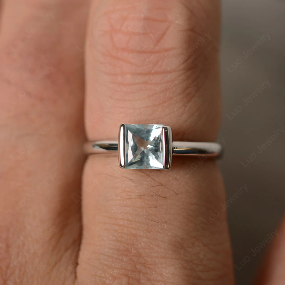 Aquamarine Half Bezel Solitaire Engagement Ring - Image 5