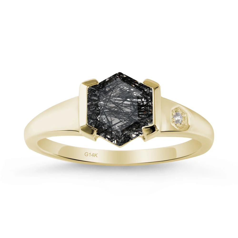 Half-Bezel Hexagonal Black Rutilated Quartz Ring