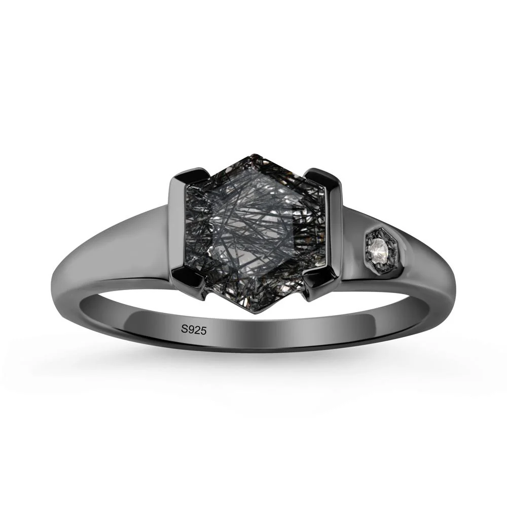 Half-Bezel Hexagonal Black Rutilated Quartz Ring - Image 7