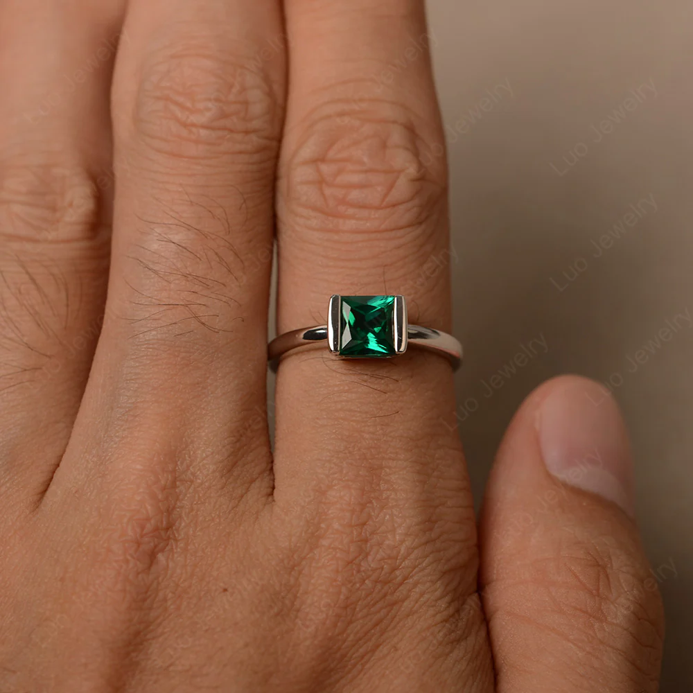 Emerald Half Bezel Solitaire Engagement Ring - Image 3