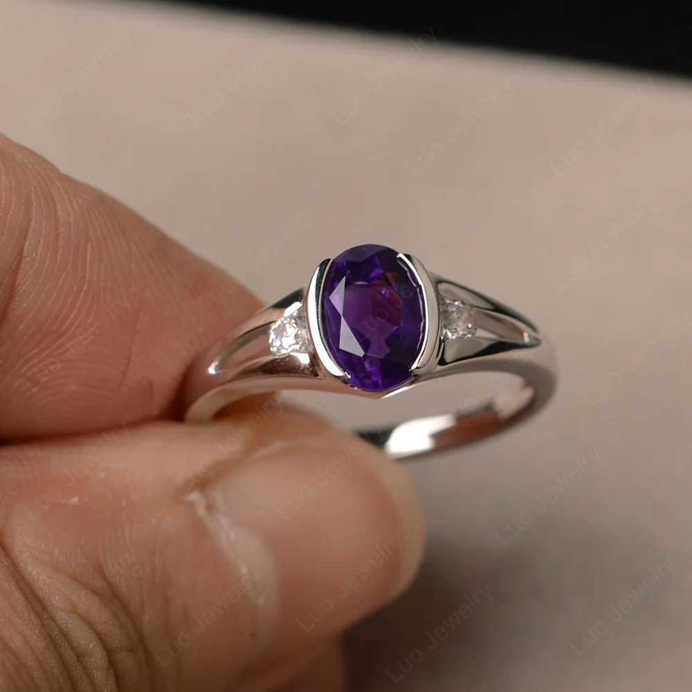 Half Bezel Set Oval Amethyst Ring