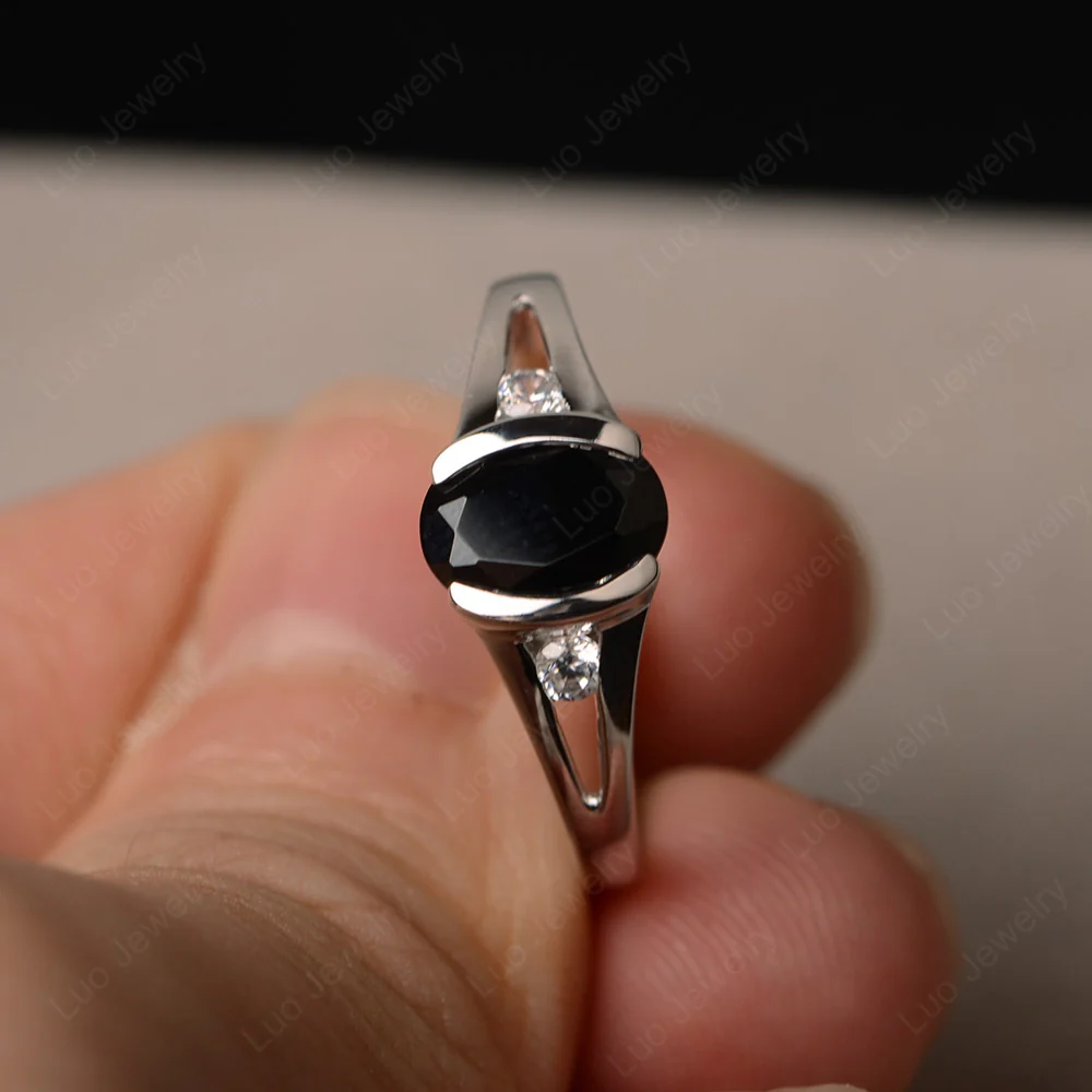 Half Bezel Set Oval Black Spinel Ring