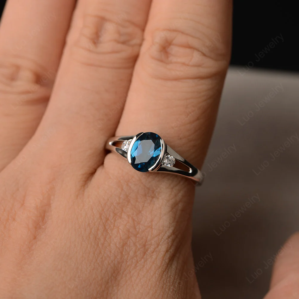 Half Bezel Set Oval London Blue Topaz Ring - Image 4