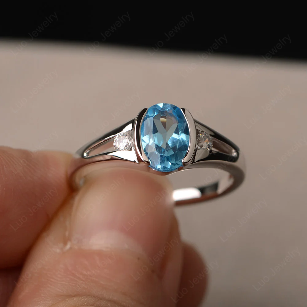 Half Bezel Set Oval Swiss Blue Topaz Ring - Image 2