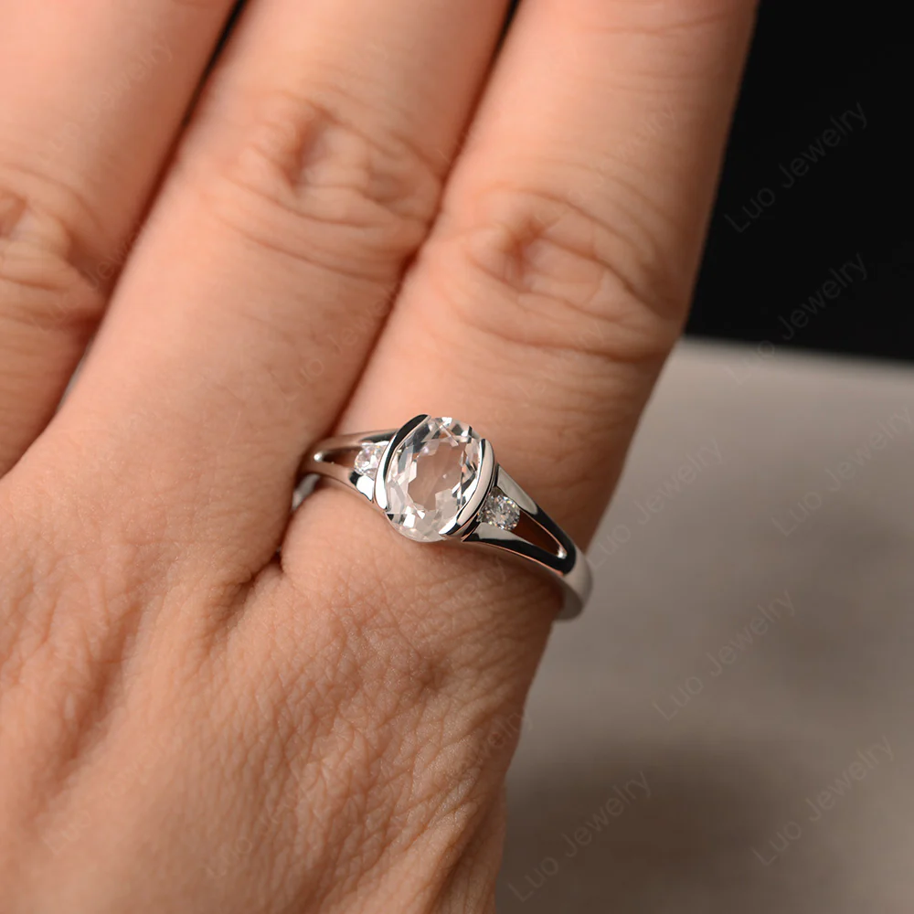 Half Bezel Set Oval White Topaz Ring - Image 4