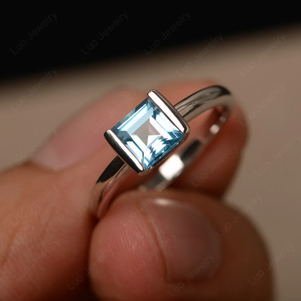 Half Bezel Set Swiss Blue Topaz Solitaire Ring