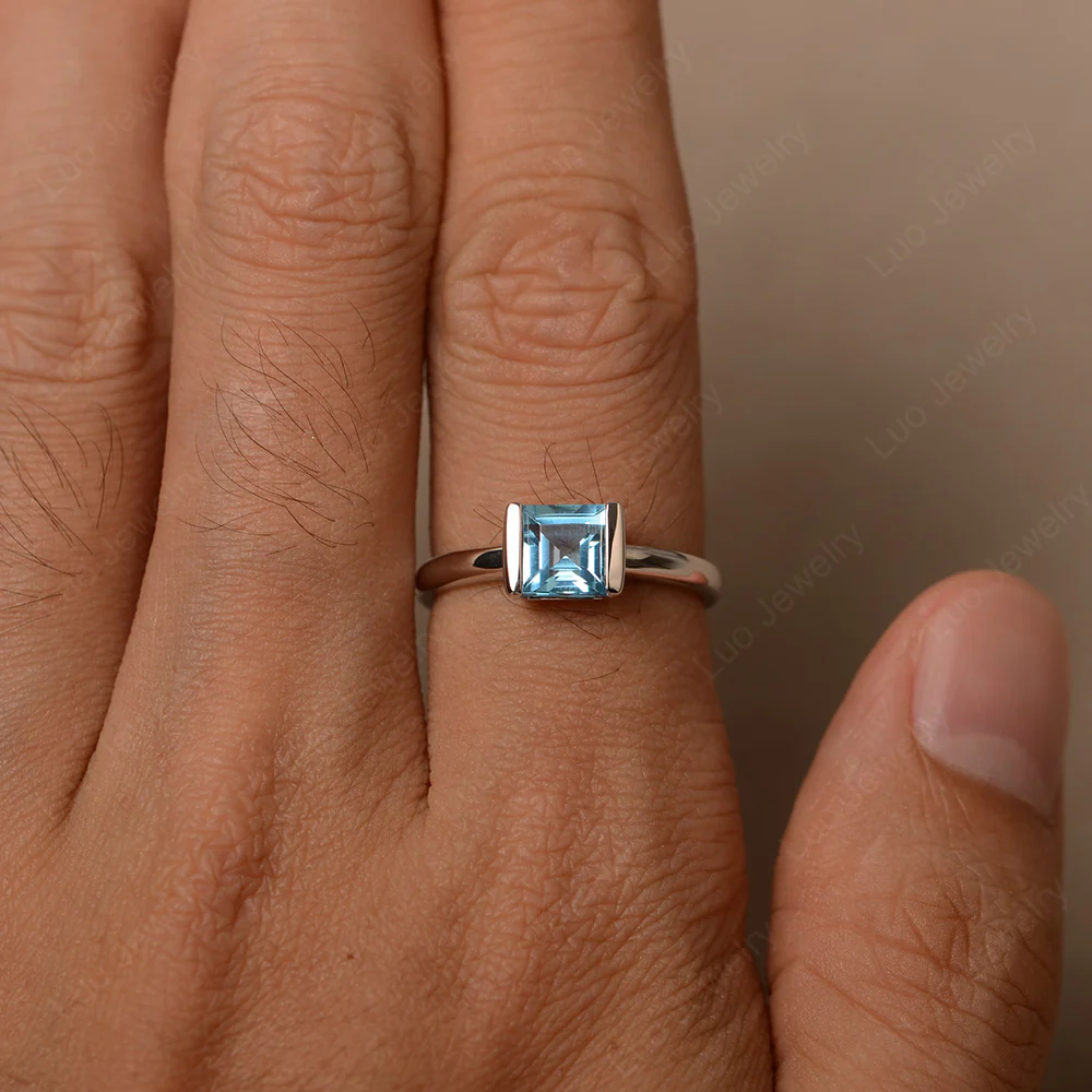 Half Bezel Set Swiss Blue Topaz Solitaire Ring - Image 3