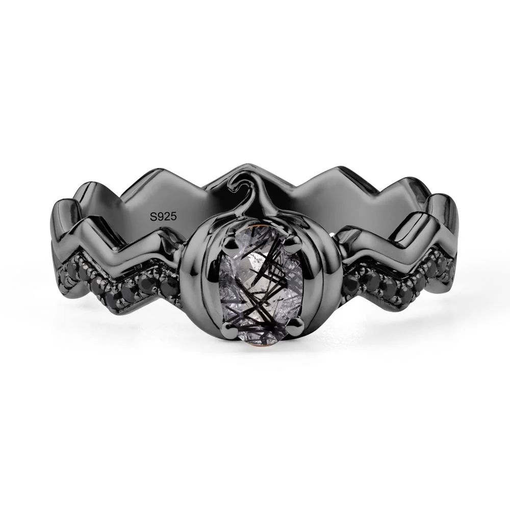Halloween Pumpkin Black Rutilated Quartz and Black Spinel Ring - Image 7
