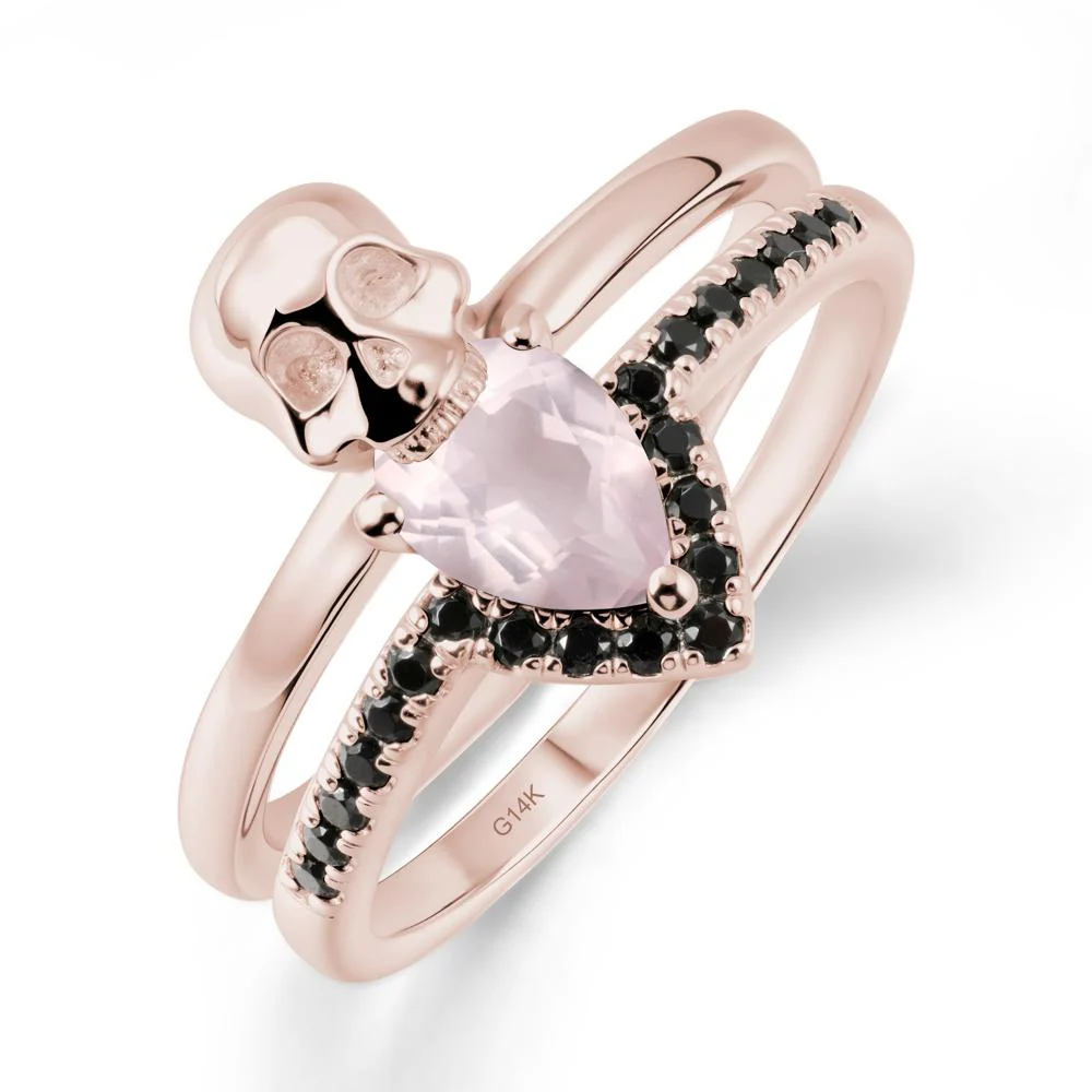 Halloween Skull Rose Quartz and Black Spinel Ring