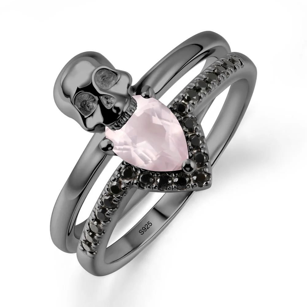 Halloween Skull Rose Quartz and Black Spinel Ring - Image 7