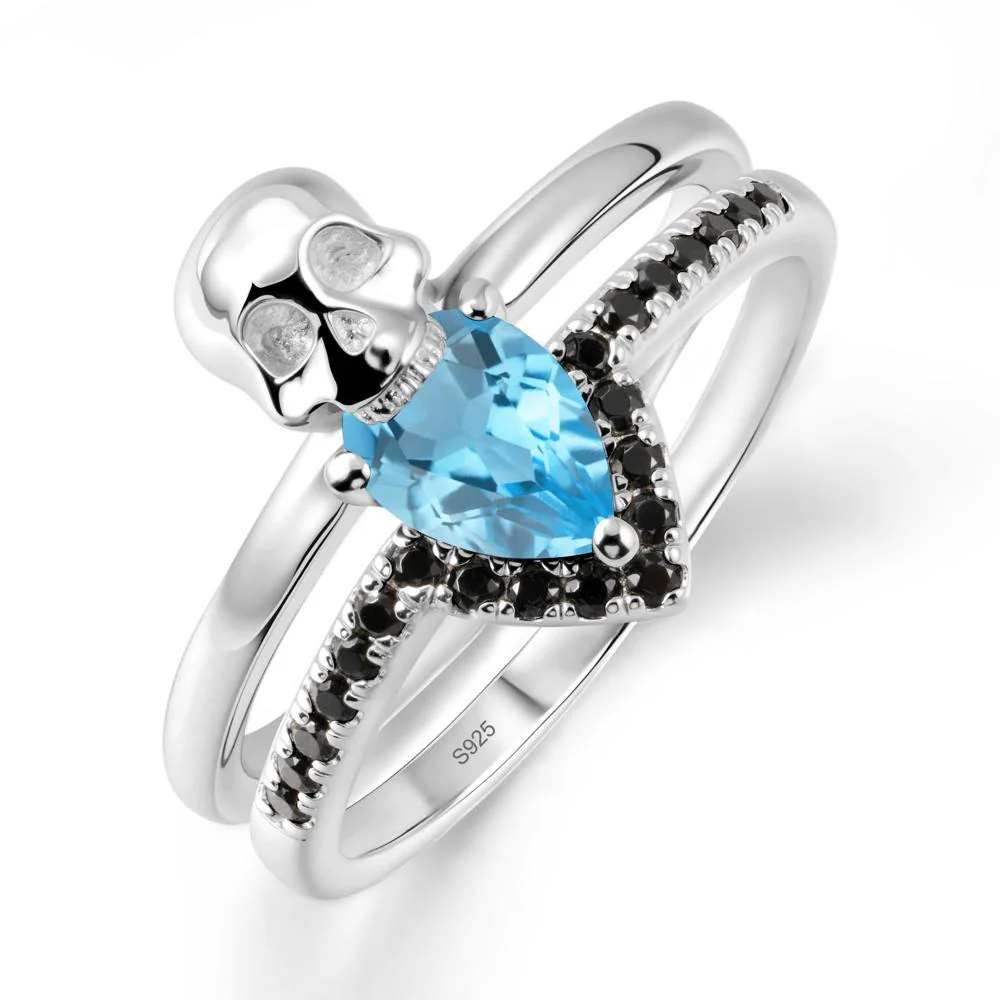 Halloween Skull Swiss Blue Topaz and Black Spinel Ring
