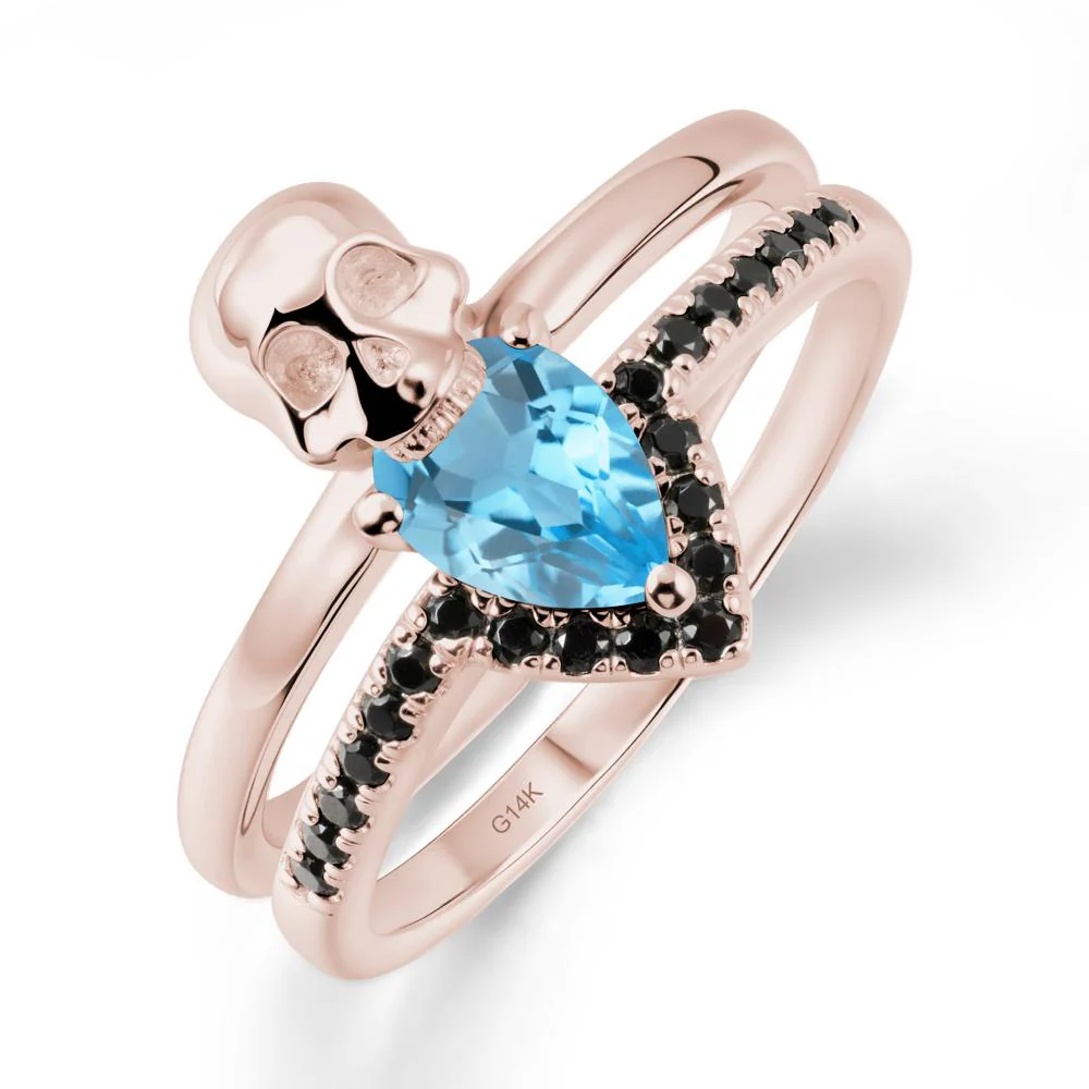 Halloween Skull Swiss Blue Topaz and Black Spinel Ring - Image 2