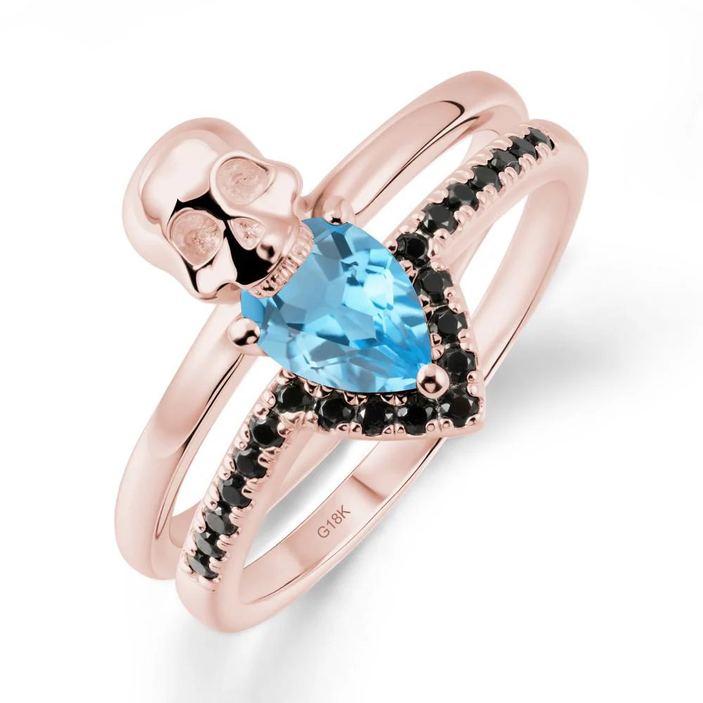 Halloween Skull Swiss Blue Topaz and Black Spinel Ring - Image 5