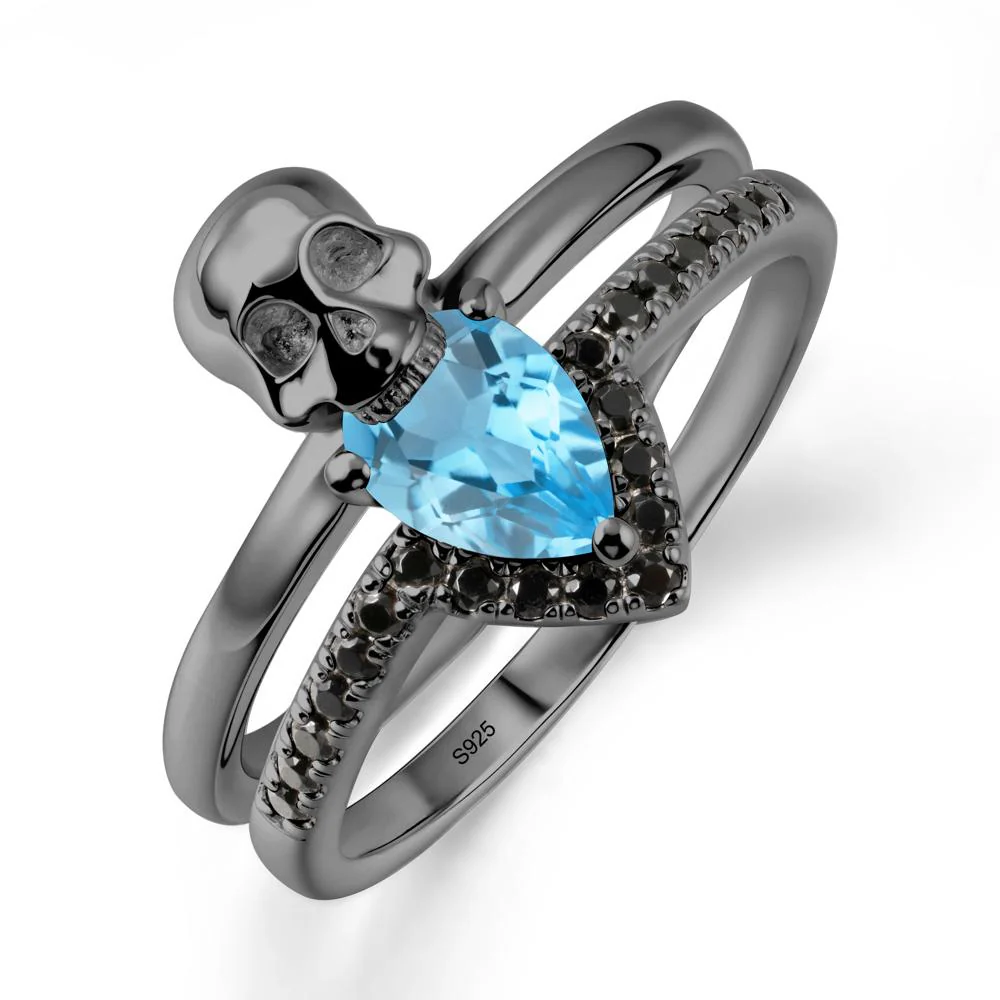 Halloween Skull Swiss Blue Topaz and Black Spinel Ring - Image 8