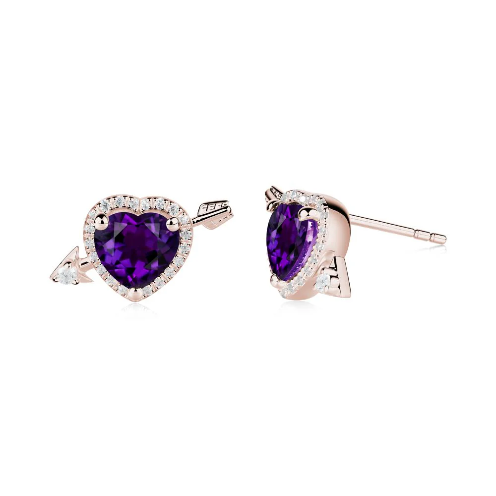 Halo Heart Shaped Amethyst Stud Earrings - Image 2
