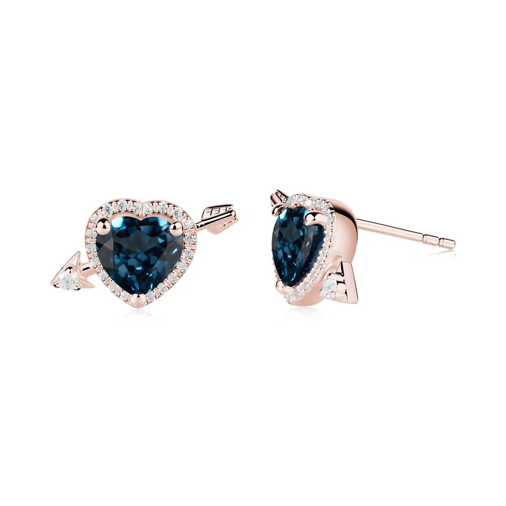 Halo Heart Shaped London Blue Topaz Stud Earrings - Image 2