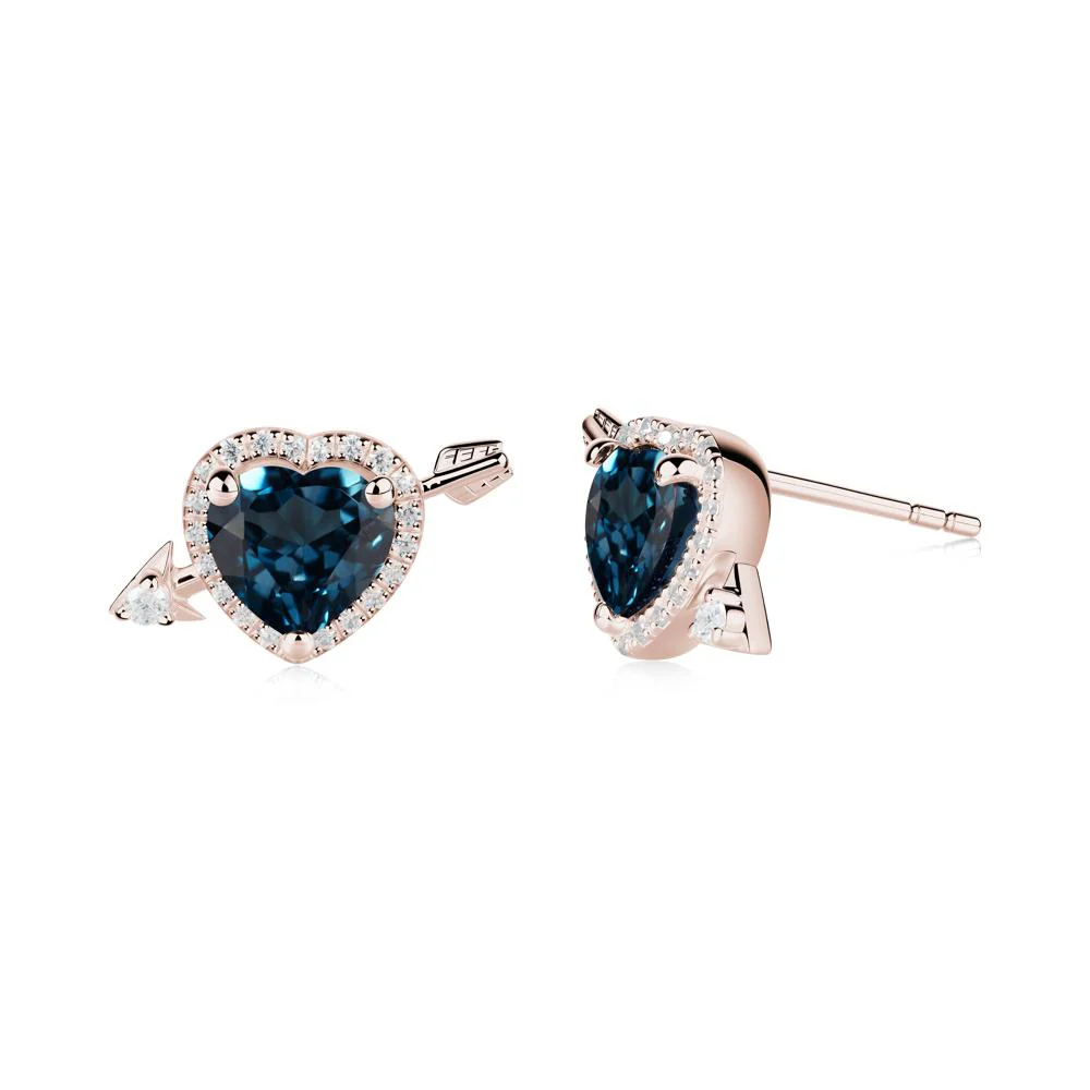 Halo Heart Shaped London Blue Topaz Stud Earrings - Image 3
