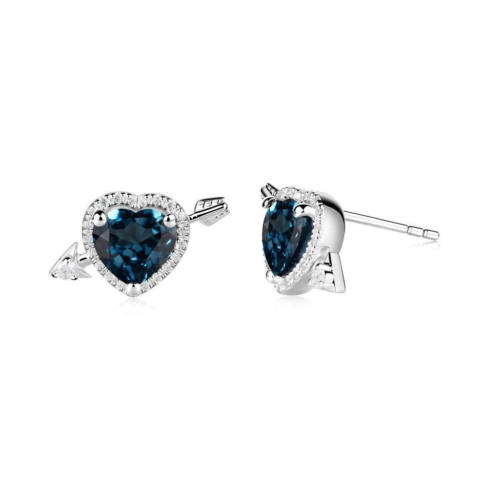 Halo Heart Shaped London Blue Topaz Stud Earrings - Image 9