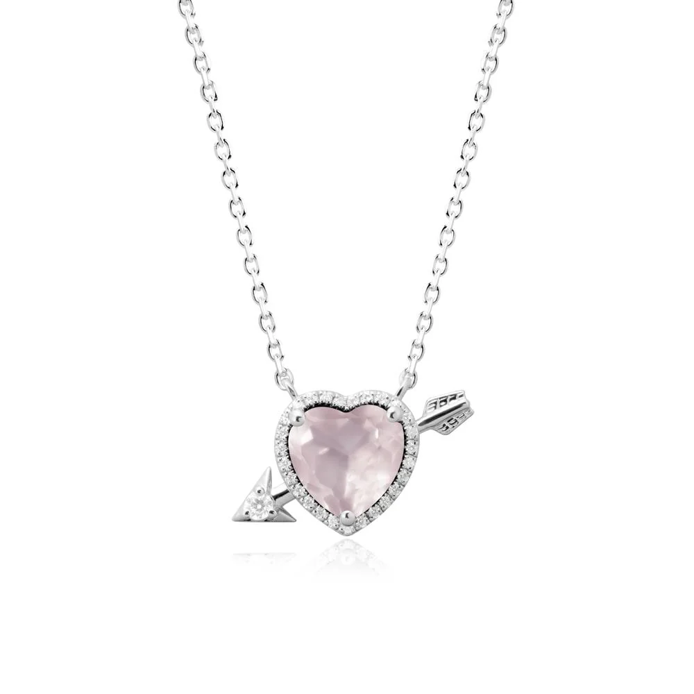 Halo Heart Shaped Rose Quartz Pendant Necklace - Image 3
