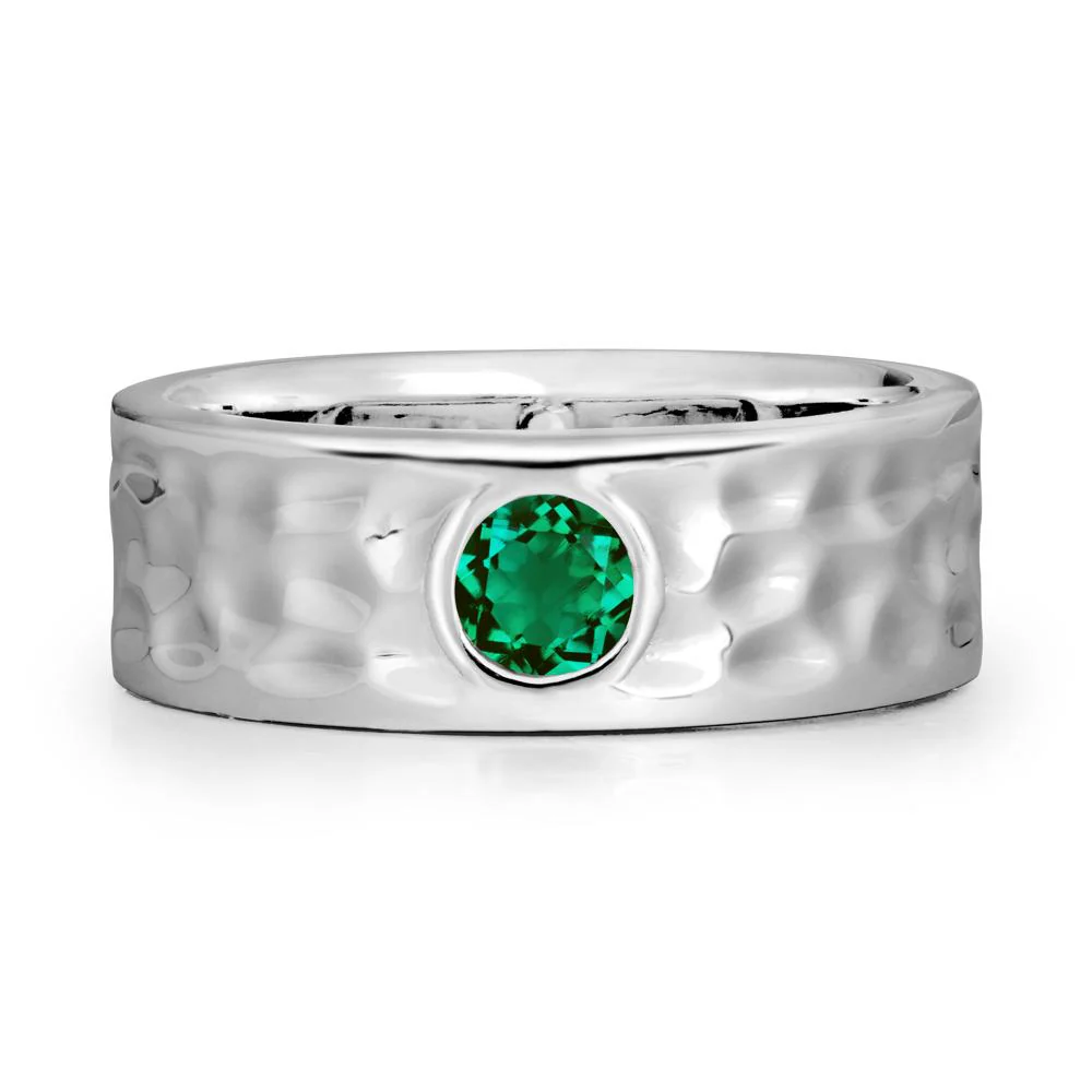 Hammered Wide Band Bezel Emerald Ring
